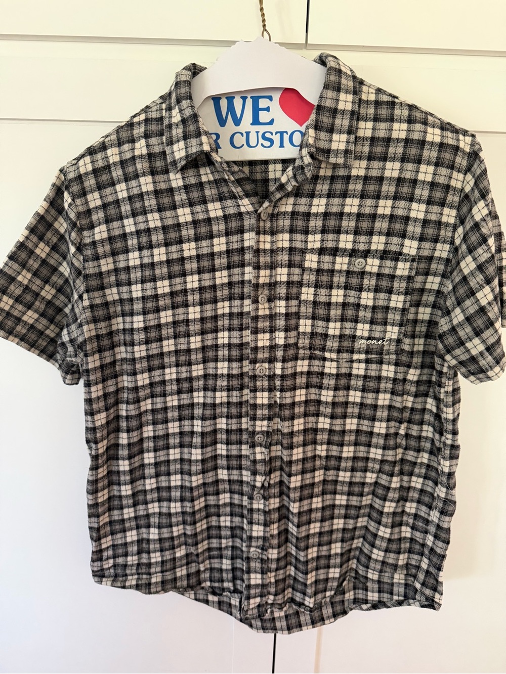 Monet Short-Sleeve Black and White Plaid Button-Down Shirt